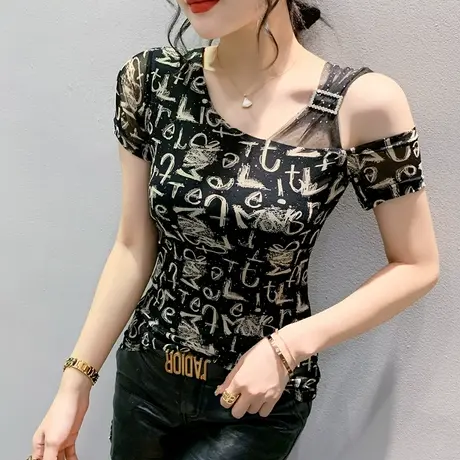 2023夏天新款性感露肩T恤女短袖紧身网纱小衫字母印花洋气上衣ins商品大图