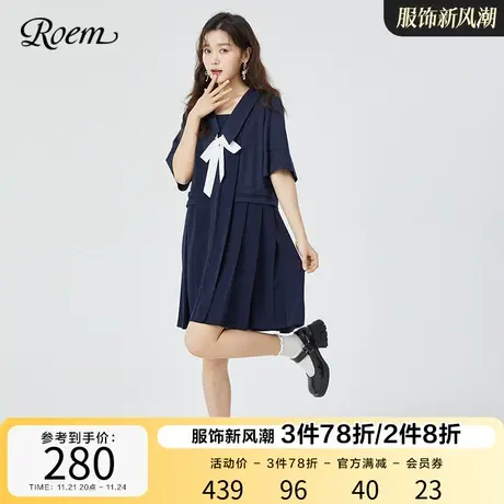Roem商场同款新品韩式学院风百褶复古套头娃娃领减龄短袖连衣裙图片