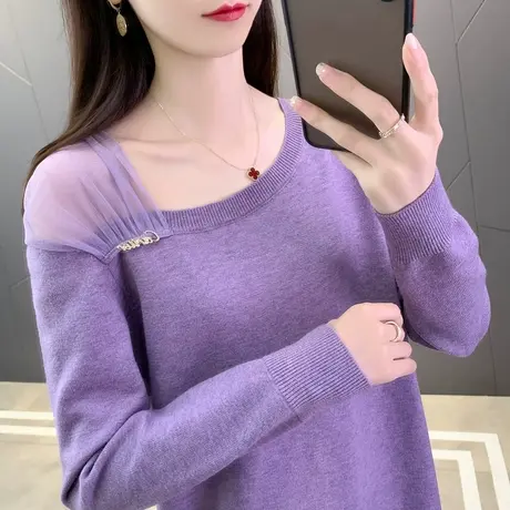 2024春秋新款针织毛衣女宽松慵懒复古蕾丝拼接套头甜美针织衫外穿商品大图