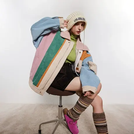 潮牌设计感拼接棉服女加厚冬季羊羔毛外套2023年新款复古宽松棉衣商品大图