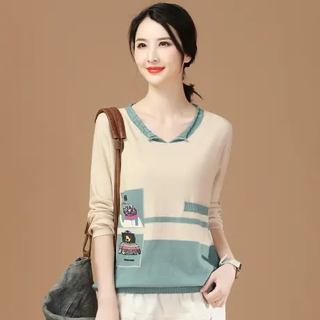 韩潮袭人文艺印花撞色圆领打底针织衫女2023年春秋新款套头毛衣薄图片