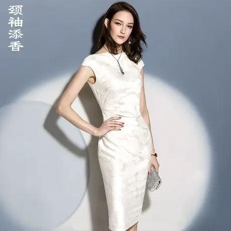 颈袖添香白色绣花礼服连衣裙女无袖气质修身包臀洋气时尚气质高级图片