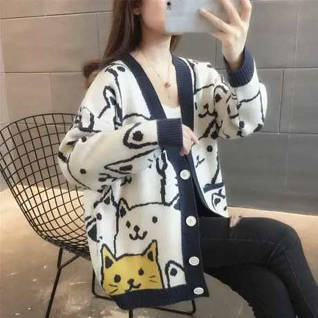 女士毛衣开衫宽松秋季外套2023年新款韩版V领针织衫上衣洋气外穿商品大图