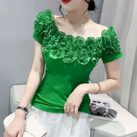 欧货一字肩上衣女短袖设计感小众荷叶边T恤2024夏季新款性感小衫图片