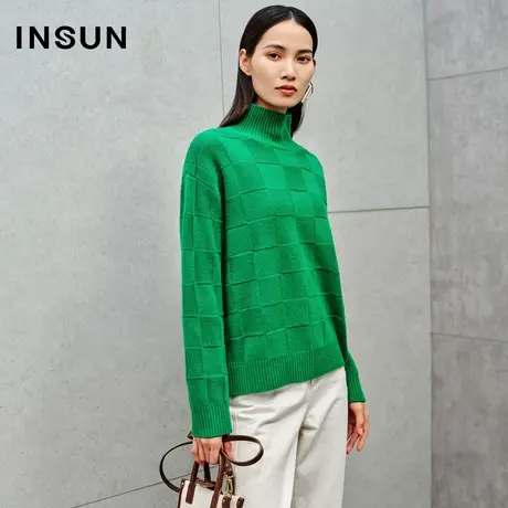 INSUN恩裳线上专选冬季靓绿色棋盘格高领羊毛针织衫商品大图