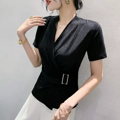 性感交叉V领T恤女短袖时尚洋气亮丝上衣设计感不规则收腰百搭小衫商品大图
