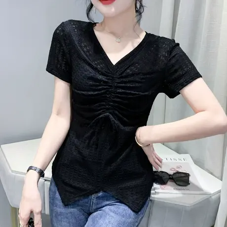 性感V领蕾丝上衣女2024夏新款洋气抽绳不规则下摆t恤黑色紧身小衫图片