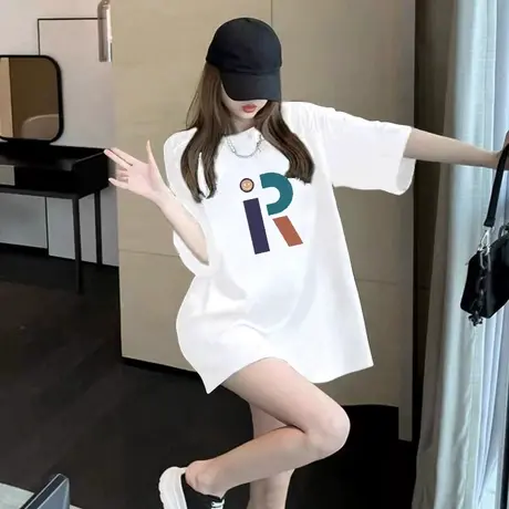 白色质感字母短袖T恤女中长款2023夏新款宽松纯棉遮屁股下衣失踪商品大图
