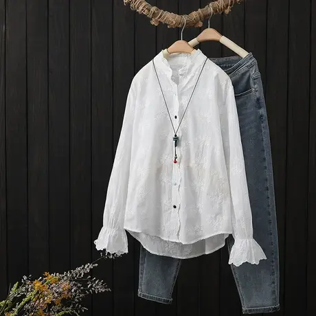 花边立领纯棉白色衬衫女春秋季2023新款宽松休闲钩花长袖衬衣上衣商品大图