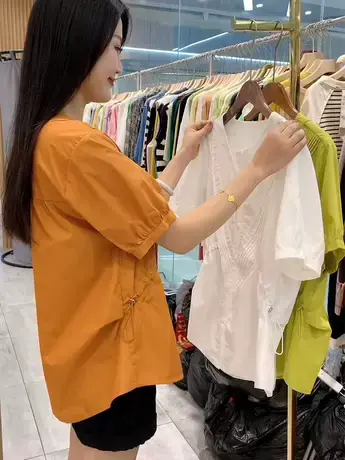 夏季新款法式斜抽绳收腰棉衬衫女夏短袖上衣遮肉别致漂亮小衫上衣商品大图