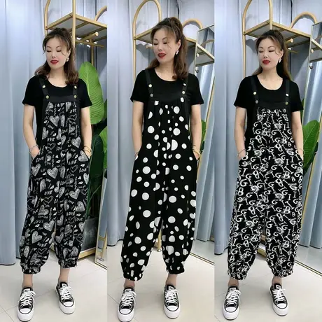 时尚休闲背带裤套装女2023夏新款韩版宽松背带连体裤+T恤衫两件套商品大图