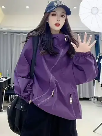 欧洲站2023年春季新款时尚个性拉链连帽长袖上衣女休闲百搭外套潮商品大图