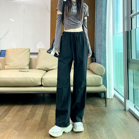 美式复古抽绳工装休闲裤女春秋新款黑色束脚百搭直筒运动阔腿裤子图片