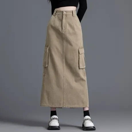 棕色工装半身裙牛仔裙女2023年新款爆款长款裙子小个子休闲风半裙图片
