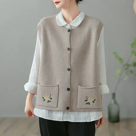 dza 复古刺绣毛衣马甲女士春秋外搭背心叠穿休闲针织马夹宽松上衣图片