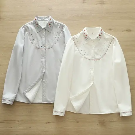 加绒加厚衬衫女2023年新款秋冬新款长袖民族风刺绣保暖打底白上衣图片