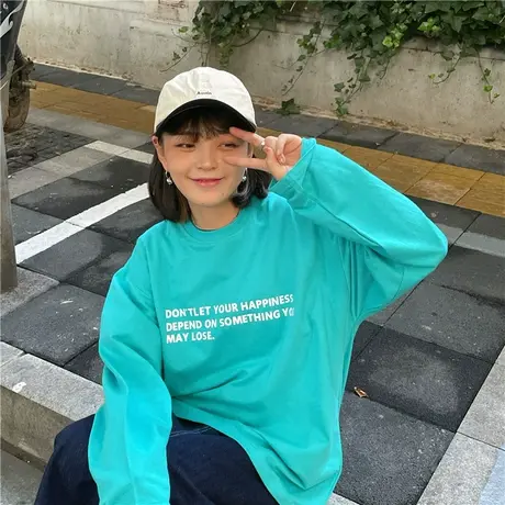 红续2023春装新款ins宽松oversize盐系T恤字母百搭纯棉长袖卫衣女商品大图