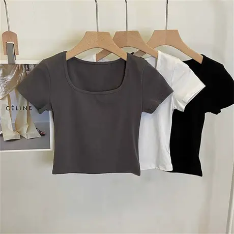 锁骨短袖修身T恤女百搭短款性感上衣2023年新款夏装纯欲风打底衫商品大图