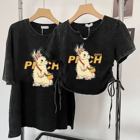 美式复古设计感甜辣妹短款短袖T恤女夏2025新款宽松半袖正肩上衣商品大图