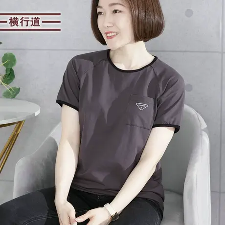 2025夏装深灰色字母上衣半袖圆领印花宽松大码中年妈妈短袖t恤女图片