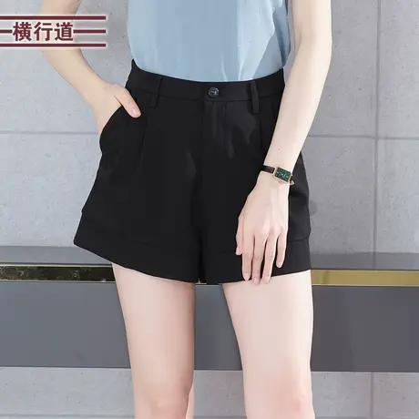 休闲宽松高腰短裤2025新款夏装纯色外穿简约阔腿黑色大码妈妈装女图片