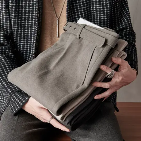 秋冬季毛呢裤男休闲裤修身直筒垂感磨毛九分西裤加厚2023新款长裤商品大图