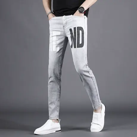 夏季九分牛仔裤男薄款浅灰色修身小脚新款字母印花个性百搭裤子男商品大图