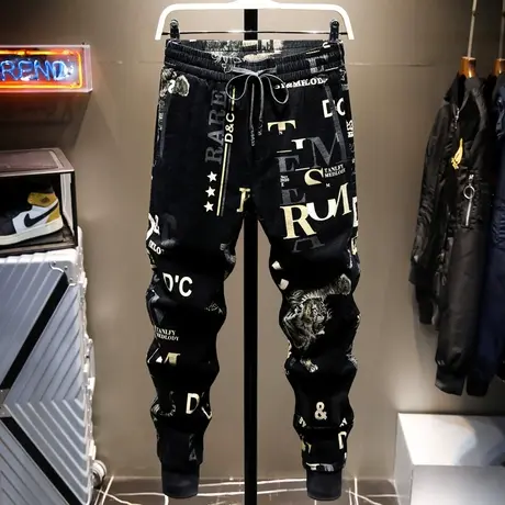 秋冬款运动裤男士休闲长裤子男百搭灯芯绒印花束脚潮牌卫裤男条绒图片