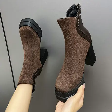 复古粗跟短靴女2024秋冬爆款防水台圆头高跟鞋软底黑色通勤马丁靴图片