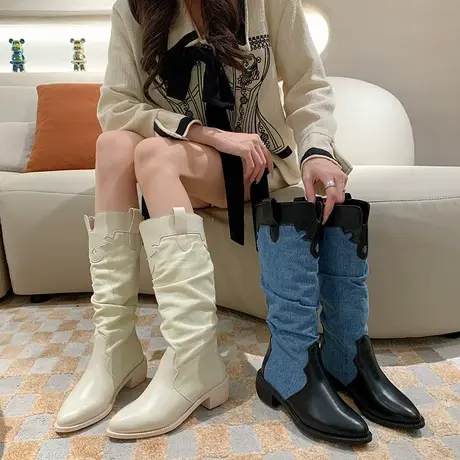 长筒靴女2023春秋季新款法式设计感复古堆堆靴粗跟尖头西部牛仔靴图片