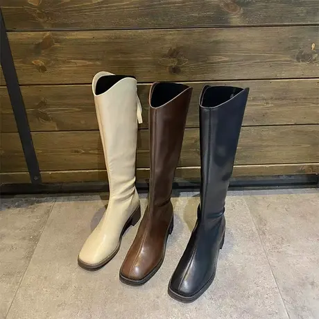 不过膝长靴女2024秋冬新款粗跟方头小个子长筒靴显瘦高筒靴骑士靴商品大图