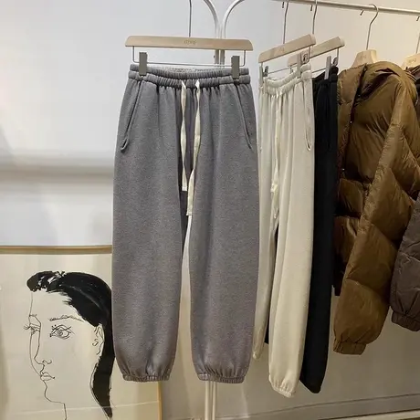 加绒加厚运动束脚跑步卫裤女秋冬季高腰宽松抽绳休闲阔腿长裤ins商品大图