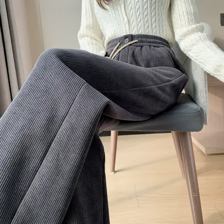 加厚加绒灯芯绒阔腿裤女2023冬新款高腰宽松垂感小个子休闲条纹裤商品大图