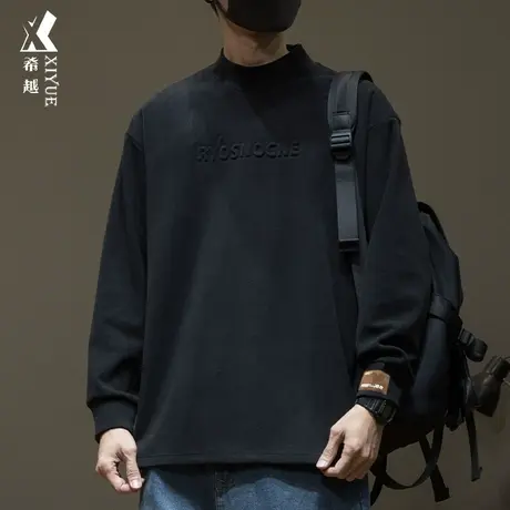 2024春秋季新款德绒长袖T恤男百搭压花宽松大码男士半高领打底衫商品大图