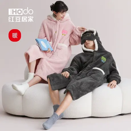 【暖暖绒】红豆居家珊瑚绒情侣睡袍连帽可外穿冬季保暖长款睡衣商品大图