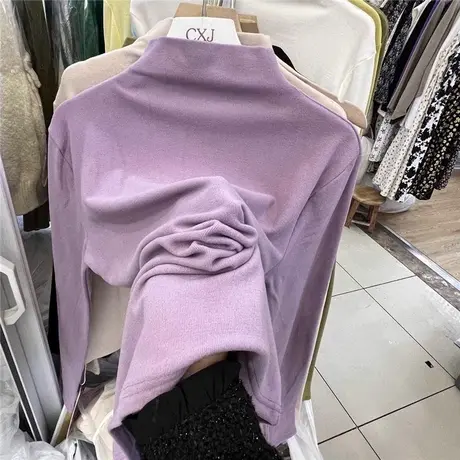 螺纹德绒半高领打底衫女冬季内搭修身长袖T恤双面磨毛保暖上衣服图片