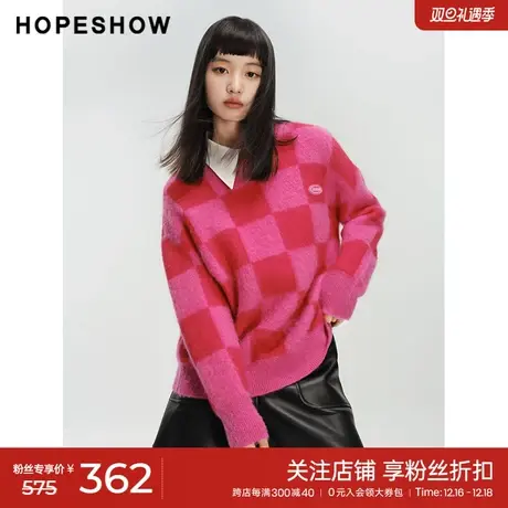 红袖多巴胺套头针织衫hopeshow2023冬新款字母贴标圆领格纹毛衣图片