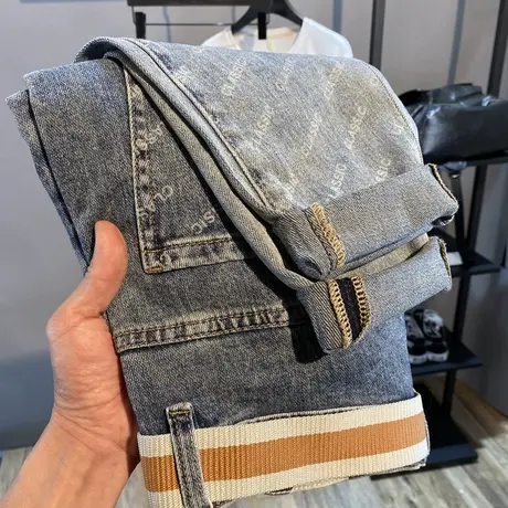 2023春夏新款弹力牛仔裤潮男渐变字母印花修身小脚裤潮牌百搭ins商品大图