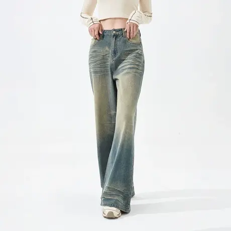 YEP水洗复古牛仔裤女2024新款春秋装印花喇叭裤ins潮牌显瘦老爹裤图片