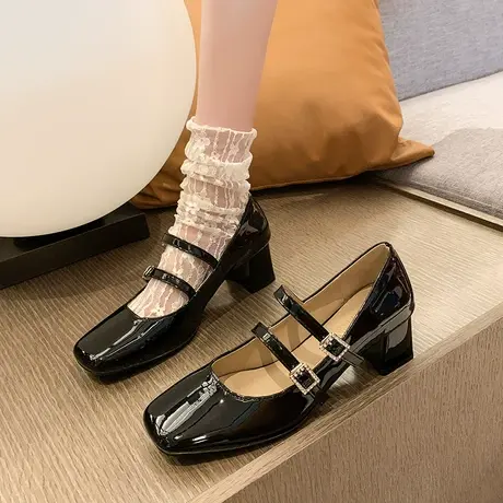 永希法式玛丽珍鞋女2024年春秋季新款黑色百搭高跟小皮鞋浅口单鞋图片