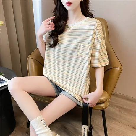 韩系chic别致彩虹条纹短袖t恤男女夏季设计感小众学院风正肩上衣商品大图