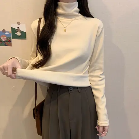 高领加绒加厚打底衫女德绒秋冬内搭洋气卫衣叠穿显瘦长袖t恤上衣图片