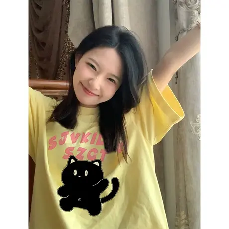 纯棉重磅黄色短袖t恤女夏季新款设计感小众原创潮牌宽松半袖上衣商品大图