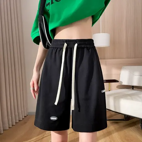 黑色运动五分裤女高腰宽松休闲中裤夏季新款显瘦阔腿薄款速干短款商品大图