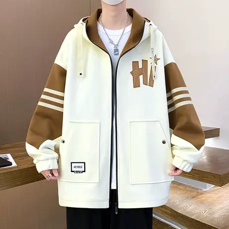 连帽外套男春秋季潮牌宽松休闲夹克春装青少年学生撞色拼接上衣服商品大图