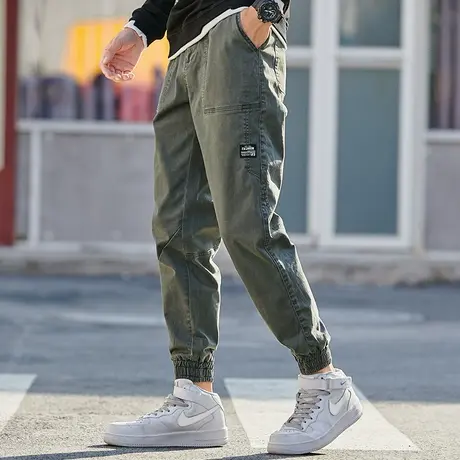 汉斯卡2021秋季新款军绿色工装裤男直筒宽松潮流百搭束脚休闲长裤商品大图