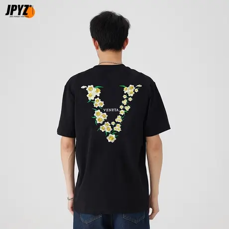 刺绣印花短袖男女同款T恤夏季新款宽松打底衫圆领纯棉情侣上衣潮商品大图