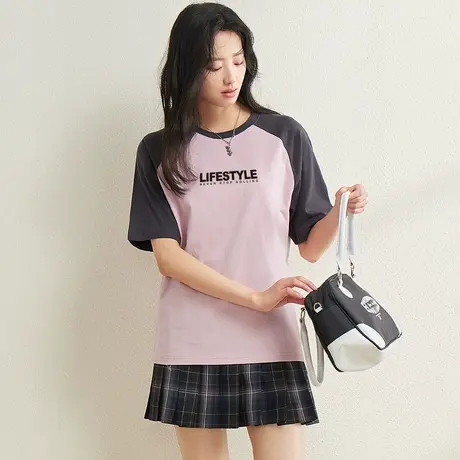 真维斯Z+女装 撞色圆领插肩袖显瘦短袖T恤简约字母印花上衣X图片