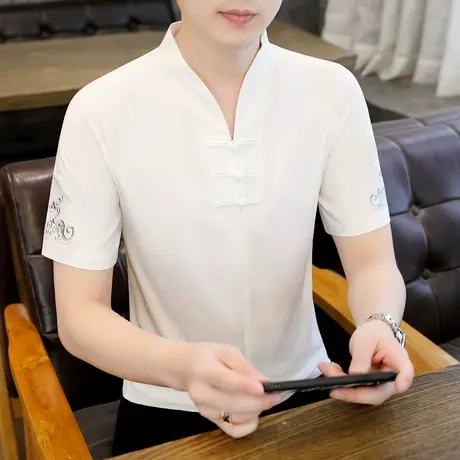 中国风仿棉麻短袖t恤男士民族风盘扣唐装汉服半袖复古亚麻V领上衣商品大图