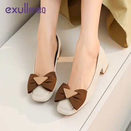 exull/依思Q浅口单鞋女2024春季新款三角蝴蝶结方头粗跟软底女鞋商品大图